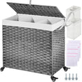 GREENSTELL Laundry Hamper with Wheels&Lid, 130L Large 3 Sections Clothes Hamper with 2 Types Removable Liner Bags, 5 Mesh Laundry Bags, Handwoven Divided Laundry Basket Gray
