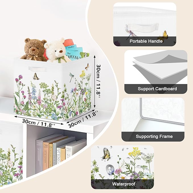 Clastyle Flowers Storage Cube Organizer Set Handle Closet Clothes Cube with Metal Frame Foldable Parents Organizer Storage Basket for Book Toy,Green,11.8x11.8x11.8 in