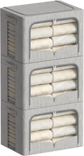 FHSQX 3 Pack Clothes Storage Bins - Foldable Metal Frame Storage Box - Stackable Linen Fabric Container Organizer Set with Carrying Handles and Clear Window (Light Gray, 16.5x12.2x12.2inch(40L))