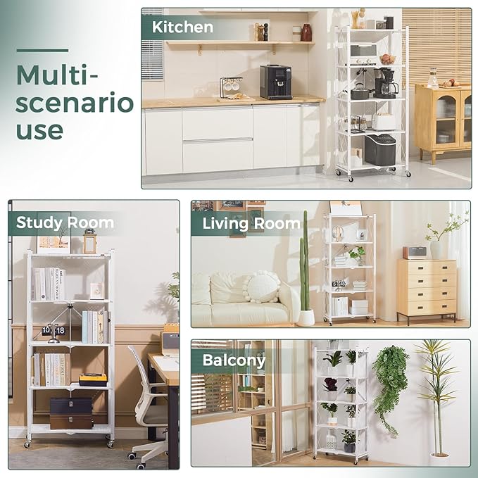 DEANIC 5 Tier Foldable Storage Shelves with Wheels, Large Capacity Shelving Unit, Freestanding Metal Wire Shelf Rack, No Assembly Organizer Rack for Garage Kitchen, Basement, Pantry(White Pack of 2)