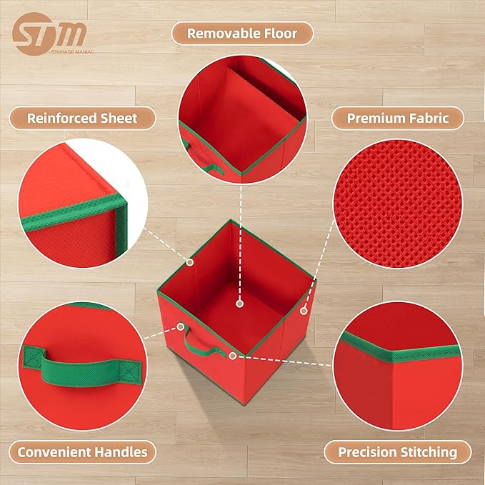 STORAGE MANIAC Storage Cubes, 11 Inch Durable 4 Pack Storage Shelf Basket for Christmas, Fabric Foldable Collapsible Bins with Handles for Organization, Closet, Shelves, Offices, Toys, Red
