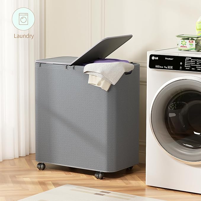 Yecaye 150L Laundry Hamper with Wheels, Rolling Laundry Basket with Lid and 2 Removable Laundry Bag, Large Capacity 2 Section Clothes Hampers for Laundry Room, Bedroom, Bathroom, Dorm, Grey