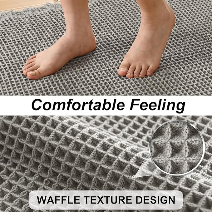 JIUZHEN Set of 2 Waffle Bath Mats Non Slip Waffle Bathroom Runner Rug Washable Boho Runner Bath Rugs Super Absorbent Shower Mat for Bathroom Kitchen Hallway Laundry, 16" x 24" +24" x 48", Grey