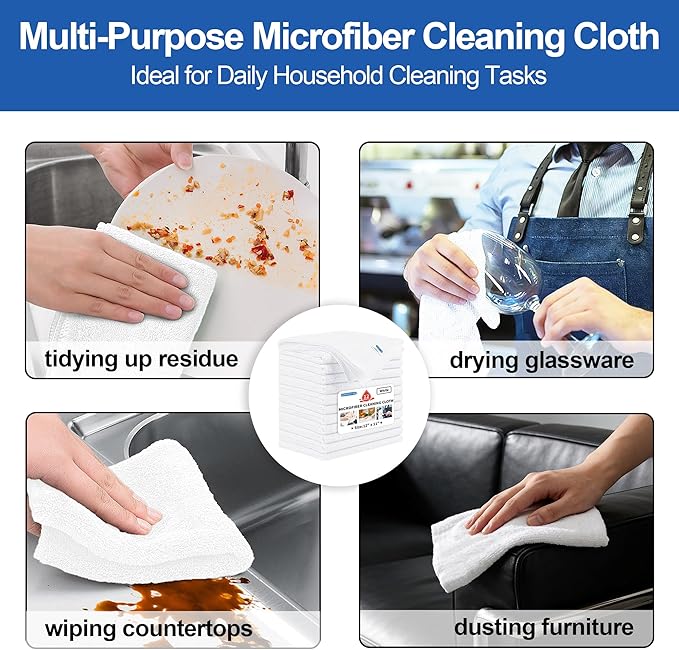 HOMERHYME Microfiber Cleaning Cloth, 12 Pack White Cleaning Rags,12" X 11" Lint Free Dish Towels Wash Cloths, Reusable Microfiber Towels for Home and Kitchen Bathroom Apartment Cleaning Supplies