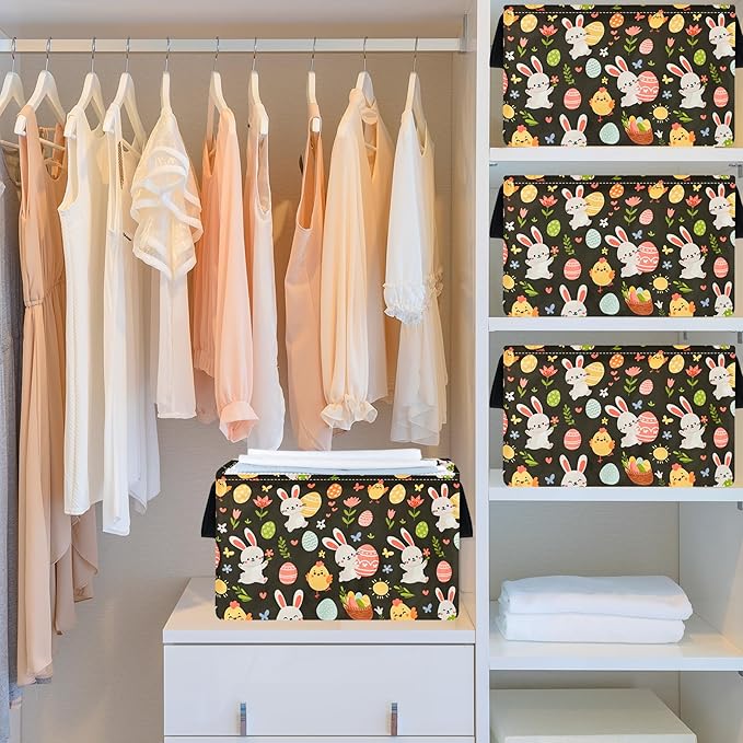 Easter Storage Basket Eggs Bunny Flower Gifts Cube Waterproof Storage Bins Organizer,Foldable Closet Shelf Baskets with handles for Women,Nursery Hamper Toys Box,Room Decorations