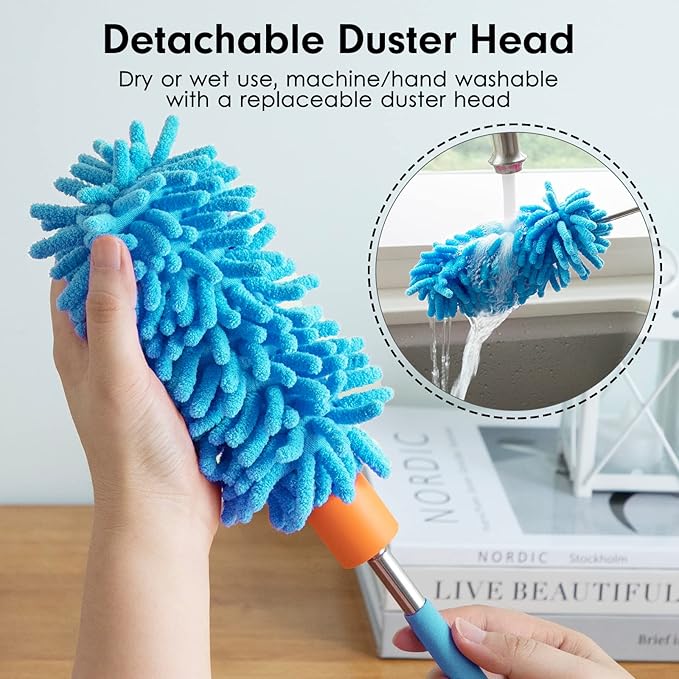 Microfiber Duster for Cleaning, Tukuos Hand Washable Dusters with 2pcs Replaceable Microfiber Head, Extendable Pole, Detachable Cleaning Brush Tool for Office, Car, Window, Furniture, Ceiling Fan