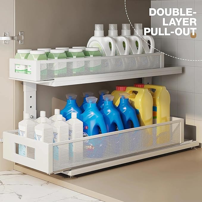Corbyles 2 Pack 21.3IN-Depth Under Sink Organizer With Next-Gen Ball-Bearing Slides,2-Tier Pull Out Cabinet Storage,Height Adjustable Drawer Shelf for Bathroom,Kitchen,Laundry,Cabinet,Pantry-White