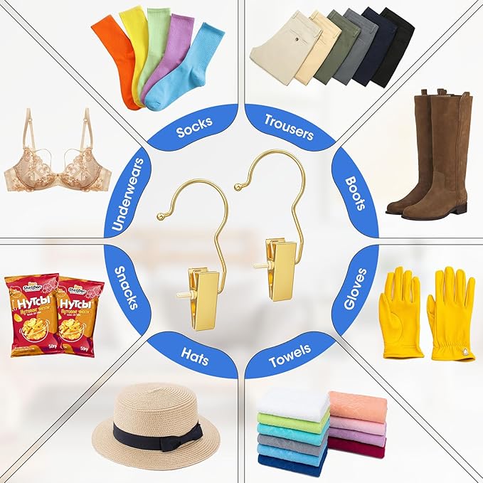 30 Pack Gold Boot Hangers for Closet, Pants Hangers with Clips Portable Travel Hanger Space Saving, Boot Clip Hooks for Hanging Clothes Pins Leggings Hangers Laundry Towels Hat Bra Socks Jean