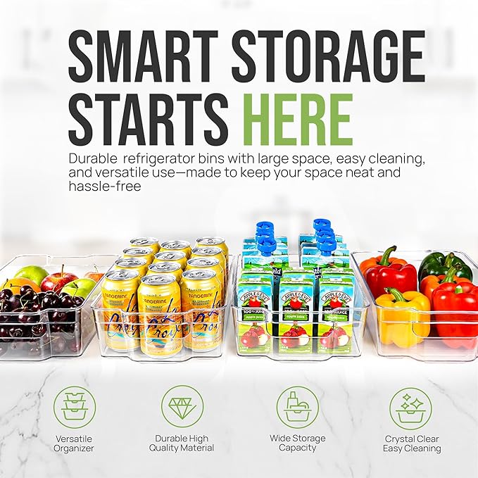Zulay Kitchen 4 Pack Refrigerator Organizer Bins – Large Clear Fridge Storage Containers with Built-In Handles & Non-Slip Feet - Ideal Fridge Organizers, Kitchen Cabinets, Pantry Organization