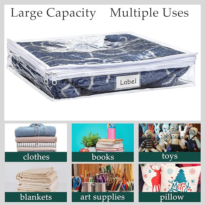 Hoolerry 6 Pieces Sweater Storage Bags Plastic Clear PVC Clothes Storage Bags with Zipper and Label for Blankets Clothes Closet Quilt Pillow Bed Sheet Organizer(15.7 x 13.7 x 3.9 Inch)