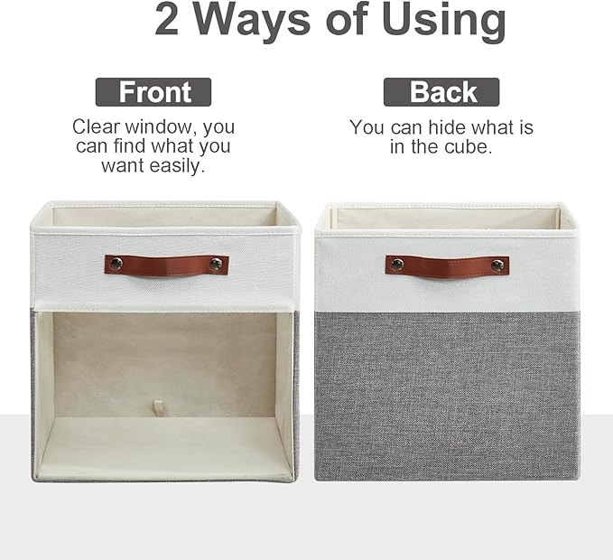 Storage Cubes, 4 Pack Linen Foldable Storage Bins with Clear Window and 2 Handles, 13x15x13 Storage Cube Bins for Shelf Closet, Kallax, Clothes, Books - (Gray and White)