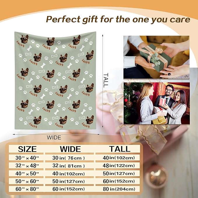 Custom Blanket with Funny Dog Face & Name Personalized Soft Warm Fleece Throw Blankets with Paw Bones Customized Throws for Couch Bed Sofa Unique Gifts for Dog Dad Mom Pet Lovers