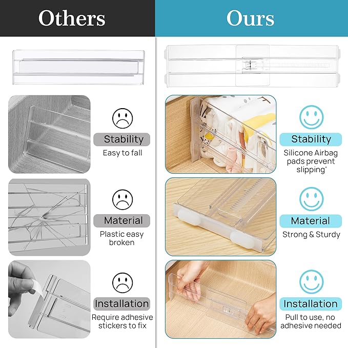 Vtopmart 4 Pack Drawer Dividers for Clothes, 4" High 10.2"-16.5" Adjustable Expandable Dresser Drawer Organizer, Clear Plastic Separators for Dresser, Baby Clothing, Underwear, Cosmetic, Toiletries