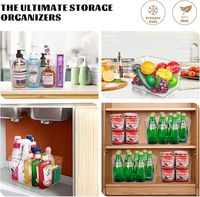Joymeezo Clear Plastic Storage Bins-8 Pcs Pantry Organizers and Storage Containers with 4 Large (11"x8"x6") and 4 Small Snack Containers, Home Organization for Bathroom, Kitchen, Closet and Office
