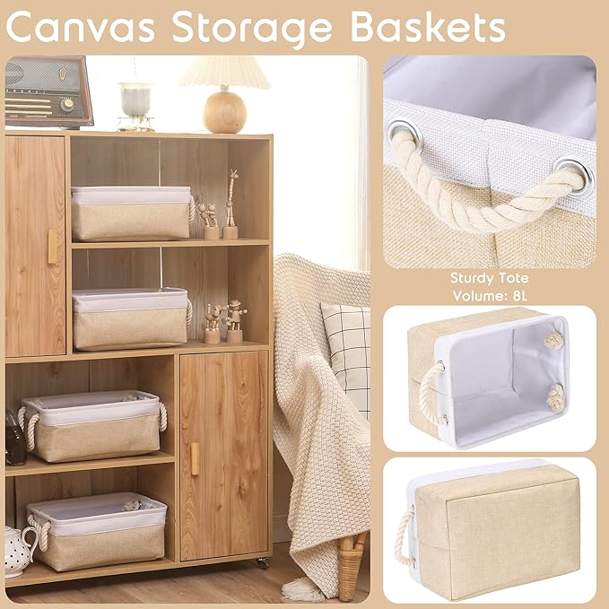 Sea Team 3-Pack Small Storage Basket Set, Storage Cube Organizer, Storage Bins, 12 x 8 x 5 Inches, Rectangle Canvas Fabric Collapsible Shelf Box with Handles for Kids Room (Beige/White)