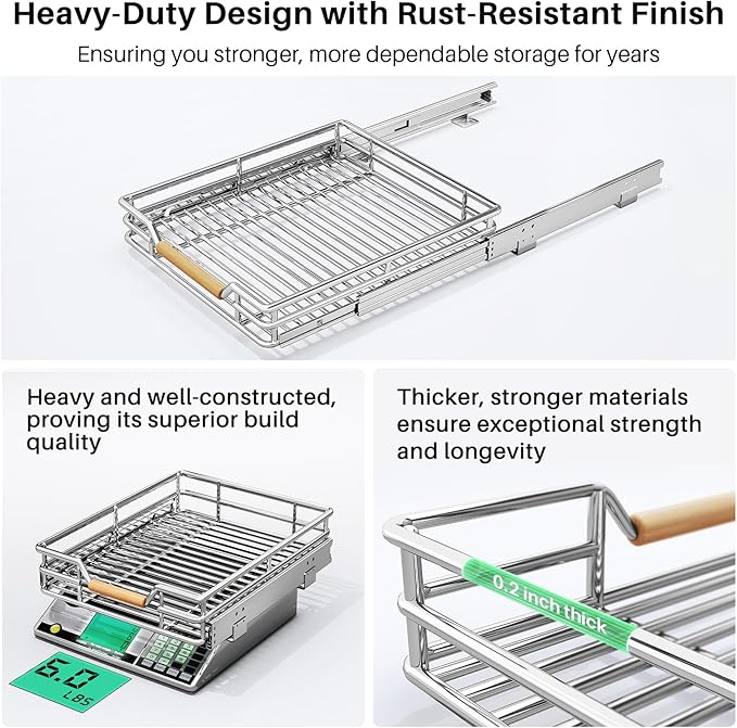 Pull out Cabinet Organizer, 12"W X 21"D, Heavy Duty Smooth Sliding Under Cabinet Shelves for Pots and Pans, Full-Extension Roll out Drawers, Slide out Organization for Home Kitchen Pantry