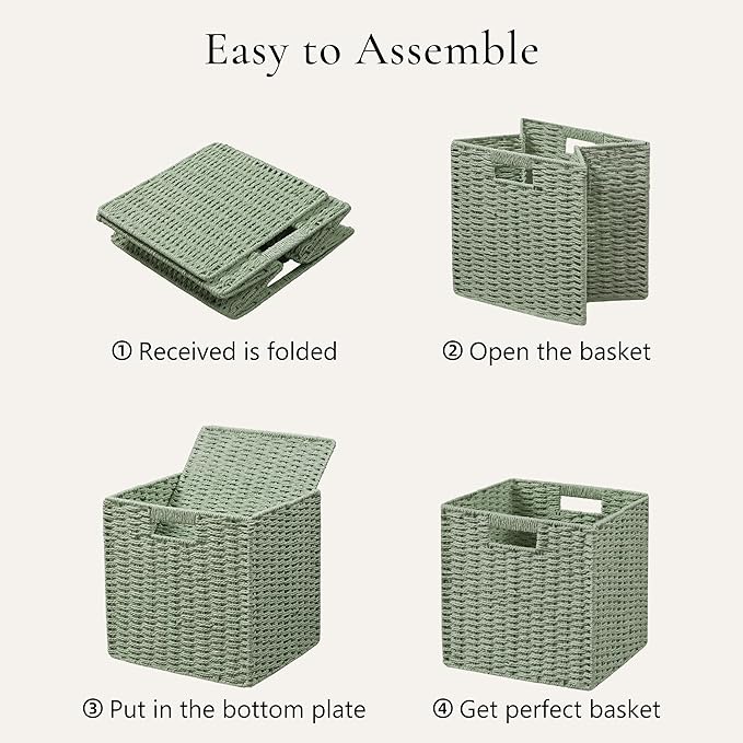 UBBCARE 3 Pack Wicker Basket, 11L×11H×10.5W inch Woven Paper Rope Storage Baskets for shelves, Foldable Cube Storage bin with Handle, Storage Basket for Organizing & Decor, Green