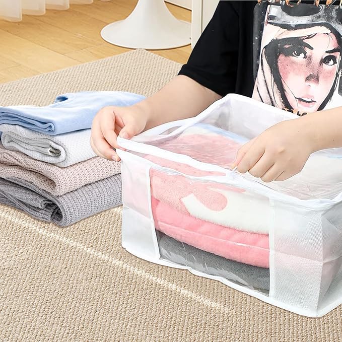 6pcs Clear Clothes Storage Bags, Large Clear Zippered Storage Bags with Reinforced Handles, 25L Plastic Clothes Containers Fabric Blanket Organizer for Bedding