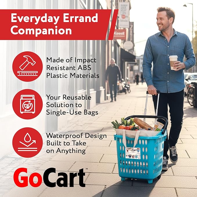 dbest products Bigger GoCart Grocery Cart Rolling Shopping Laundry Basket on Wheels Hamper with Telescopic Handle Cleaning Caddy Trolley, Teal, Bigger 1 pack