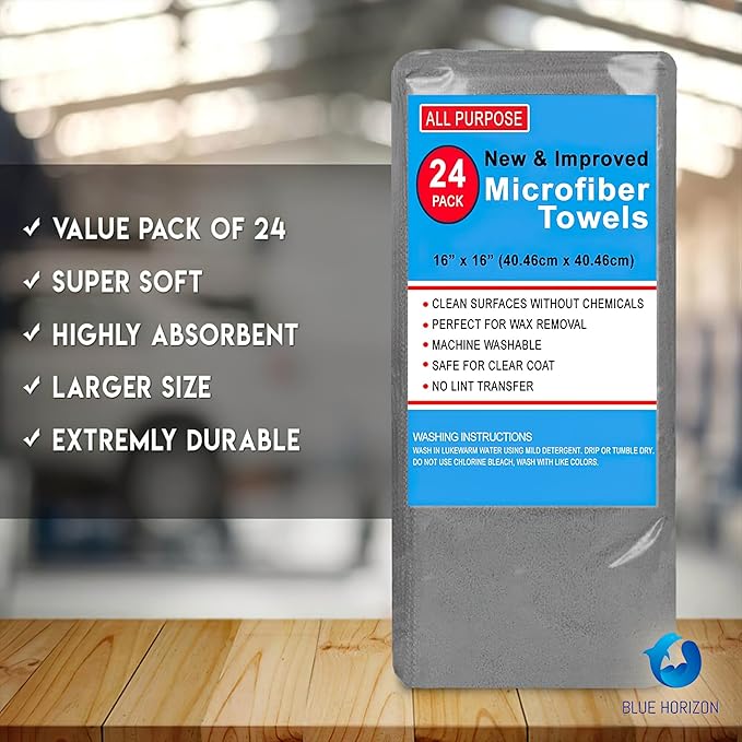 Blue Horizon Microfiber Cleaning Towels, Pack of 24, Ultra Soft Plush Washcloth, All Purpose Premium Microfiber Detailing Cleaning Cloths (16" x 16", Gray)