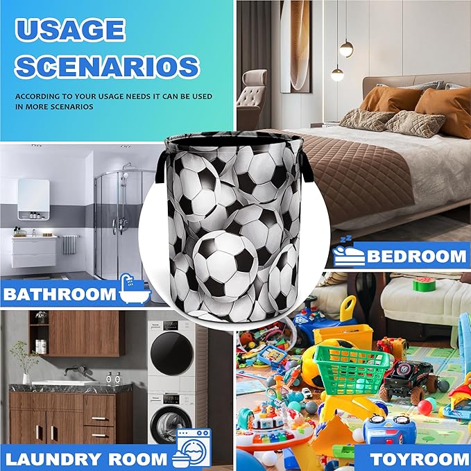 Soccer Ball Laundry Basket Oxford Cloth Funny Ball Laundry Hamper With Handle Foldable Portable Clothes Storage Basket 18.9 X 16.5 In Storage Bag For Laundry Room/Bathroom/Bedroom/Dormitories