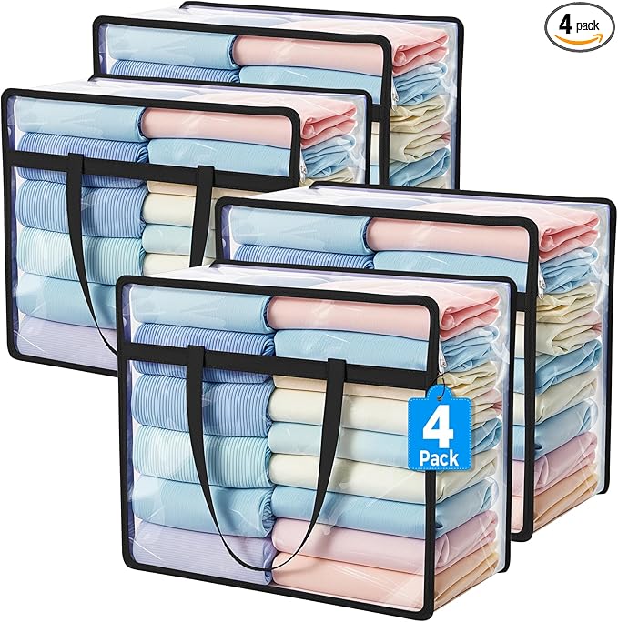Budding Joy Clear Zippered Storage Bags for Clothes,40L Closet Organizers and Storage Containers Vinyl Moving Bag for Bedding, Linen, Blankets, Comforters, Clothing & Toys, Black, 4 Pack
