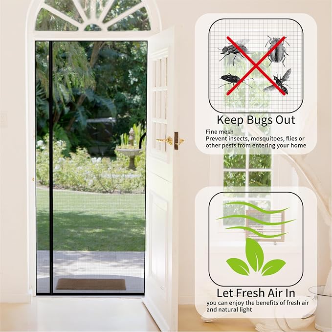 Reversible Left Right Side Opening Screen Door Mesh Magnetic Closure Heavy Duty, Self Closing Fiberglass Bug Net with Magnet for Sliding Doors & Doorway, Pet Friendly, 36 x 96 inch