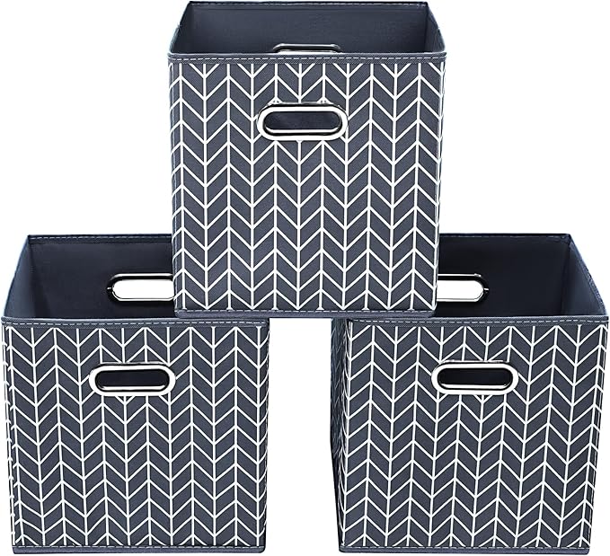 11 Inch Cube Storage Bins , Fabric Cube Organizer Bins with Handle, Foldable Cube Bins for Cloth or Accessary Storage, 11x11x11 Set of 3 (Gray Wave)
