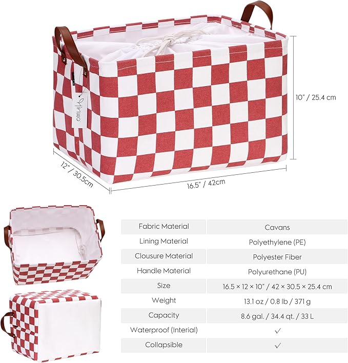 Hinwo Large Canvas Fabric Storage Basket with Handles, 33L/8.6-Gal Rectangle Bin, Collapsible Storage Box, Clothes, Toys, Blankets Organizer, 16.5 x 12 x 10 Inches (L, Red Checkerboard)