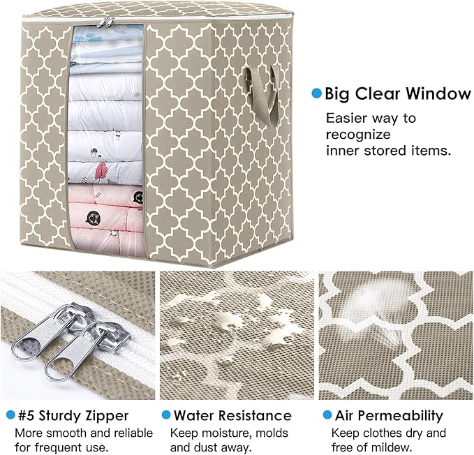 WISELIFE Storage Bags 2 Pack/100L Large Blanket Clothes Organization and Storage Containers for Comforters,Bedding, Foldable Organizer with Reinforced Handle, Clear Window, Sturdy Zippers,Beige