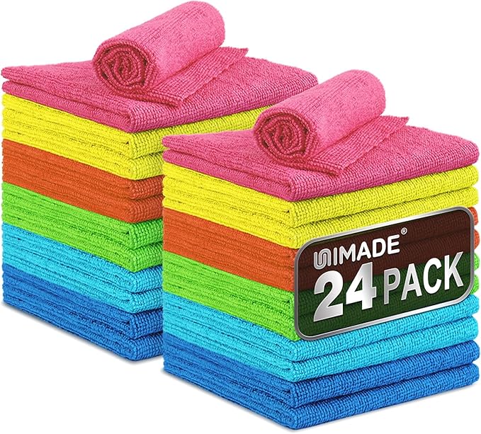 Microfiber Cleaning Cloth, 24 Pack Reusable Microfiber Towels for Cars Lint Free Cleaning Shop Towel Rags for Home Kitchen Automotive Bar Mechanic Restaurant Garage, 11"x 12", Multicolor