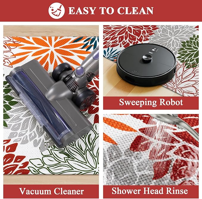 Vaukki Bathroom Rug Set 3 Piece, Non Slip Absorbent Rubber Backed Floral Bath Floor Mat Fit Under Door, Ultra Thin Quick Drying Bath Rug for Shower, Tub and Toilet, 17"x26"+17"x32"+17"x24"U, Red
