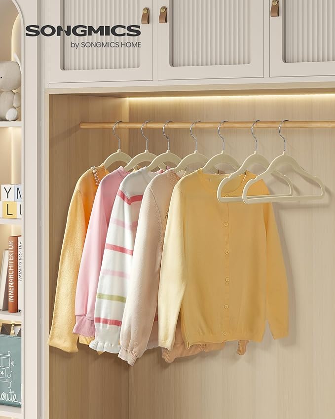 SONGMICS Baby Kids Hangers 50 Pack for Closet, 11.8 x 8.1 Inches, Silver 360° Swivel Hooks, Space-Saving Clothes Velvet Hangers for Nursery, Non-Slip, Summer Sand UCRF027K05