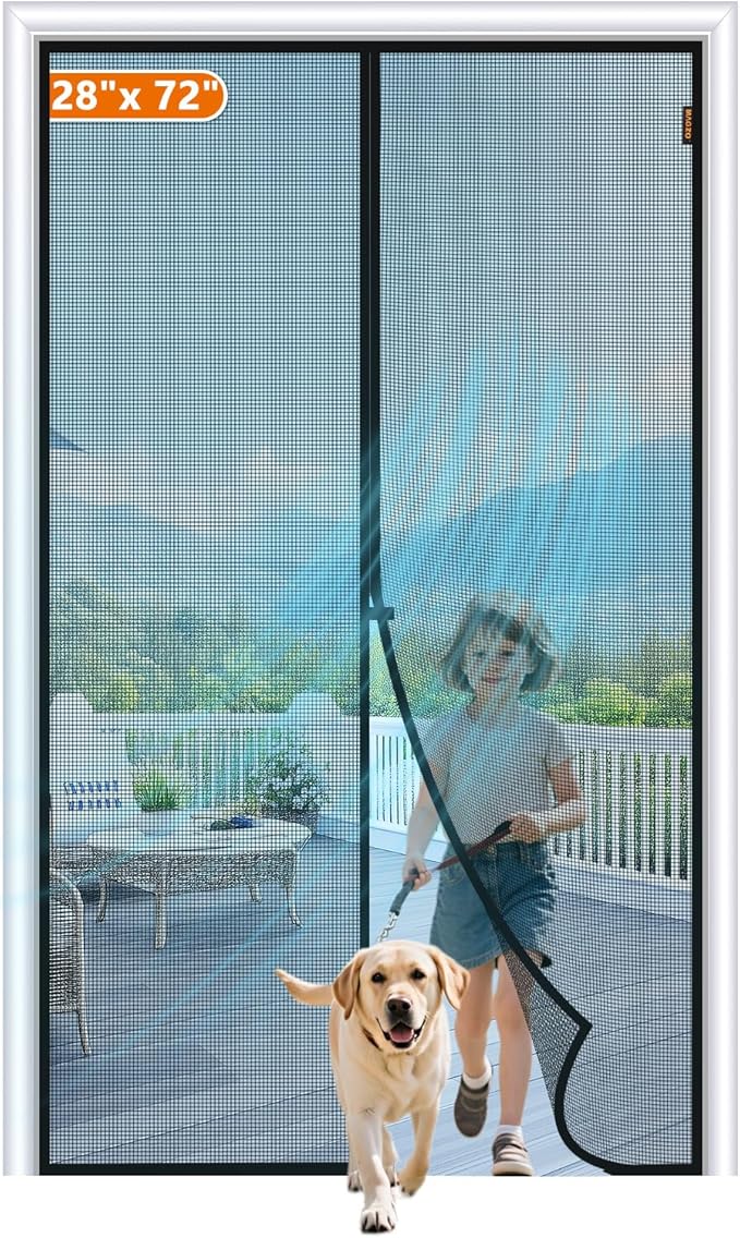MAGZO Magnetic Screen Door Fit Door Size 28 x 72 Inch, Screen Size 30" x 73" Strong Magnet Door Mesh with Reinforced Hook & Loop for Patio Door, Front Door, Doorway, Black