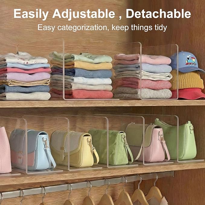 Shelf Dividers for Closet Organization: 6" Tall x 10" Deep, Deeper Adhesive Separators Features Acrylic Material and Provides Storage for Babywear and Purses in Bedroom Cabinets(8-Pack)