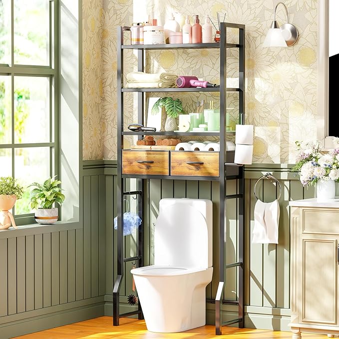 Simple Trending 4 Tier Over The Toilet Storage with Drawers, Heavy Duty Bathroom Stand Organizer Metal Shelves for Laundry, Black