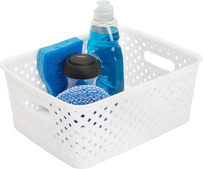 Simplify Small Resin Wicker Tote | Storage Bin | Plastic Organizer | Carrying Handles | Bathroom | Pantry | Accessories | Cleaning Products | White