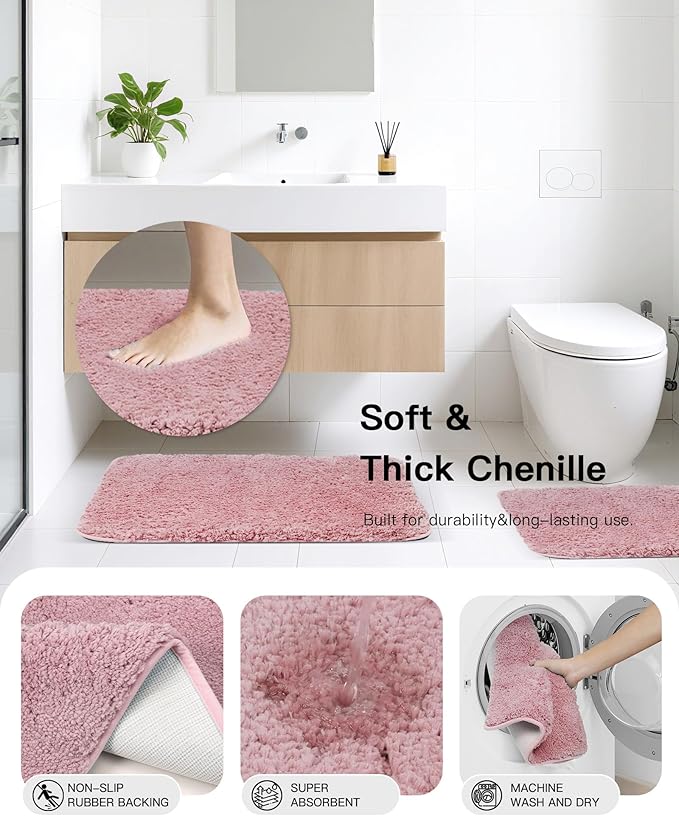 IMAVO Pink Bathroom Set,26Pcs Bathroom Accessories Set with Waffle Shower Curtain,Rugs,Trash Can,Tray,Soap Dispenser,Soap Dish,Toothbrush Holder,Toothbrush Cup,Toilet Brush Holder and Qtip Holders