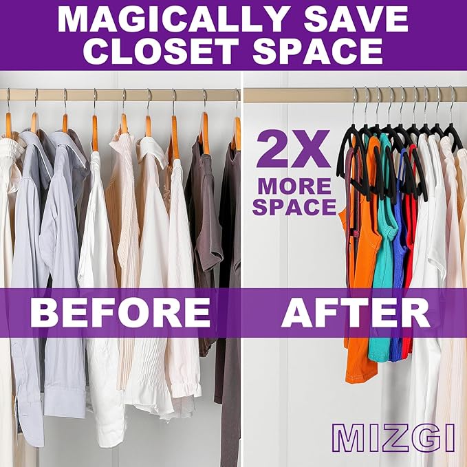 MIZGI Premium Velvet Hangers 50-Pack,No Shoulder Bump Hangers W/Tie Bar Ultra Thin Space Saving Non Slip Hanger Heavy Duty Felt Rounded Clothes Hanger for Sweaters,Coat,Jackets,Pants,Shirts
