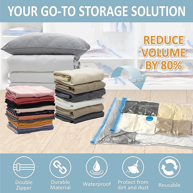 Cozy Essential 8 Pack Vacuum Storage Bags, Space Saver Bags (2J/2L/2M/2S) Compression Storage Bags for Comforters and Blankets, Pillow, Bedding, Vacuum Sealer Bags for Clothes Storage