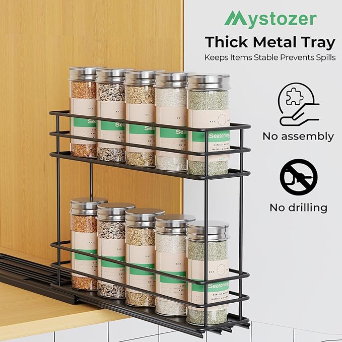 Pull Out Spice Rack Organizer for Cabinet, Slide Out Spice Racks, Easy to Install Spice Cabinet Organizer, 2.5" Wx10.43 Dx8.26 H, 1 Drawer 2 Tiers（Black）