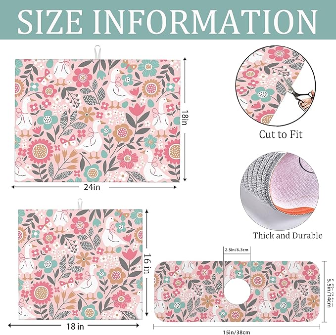 3Pcs Goose and Flower Dish Drying Mat & Kitchen Sink Splash Guard Faucet Mat For Kitchen Counter Absorbent Microfiber Dishes Pad Dish Drainer Rack Mats Fast Dry Kitchen Accessories