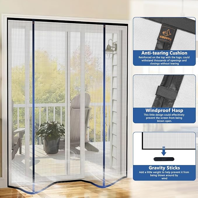 WochiTV Sliding Screen Door Fits Door Size 72 x 96, Magnetic Screen Door Screen Size 74" x 98", Double Opening Mesh Net Curtain with Magnet Hands Free Great for French Door Pet Kid
