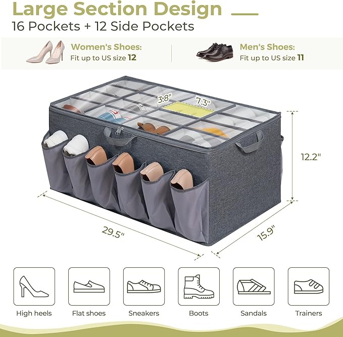 Extra Large Fabric Shoe Organizer for Closet, Fits up to 28 Pairs, Foldable Shoe Storage Bin Containers with Adjustable Dividers and Clear Cover, Grey, 3 Pack