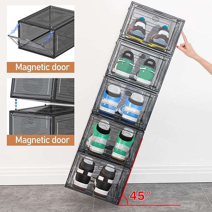 caktraie 10 Pack Thicken Shoe Organizer Stackable,Upgraded Sturdy Shoe Storage Box with Magnetic Door,Shoe Containers For Sneaker Display,Hat Organizer,Black…