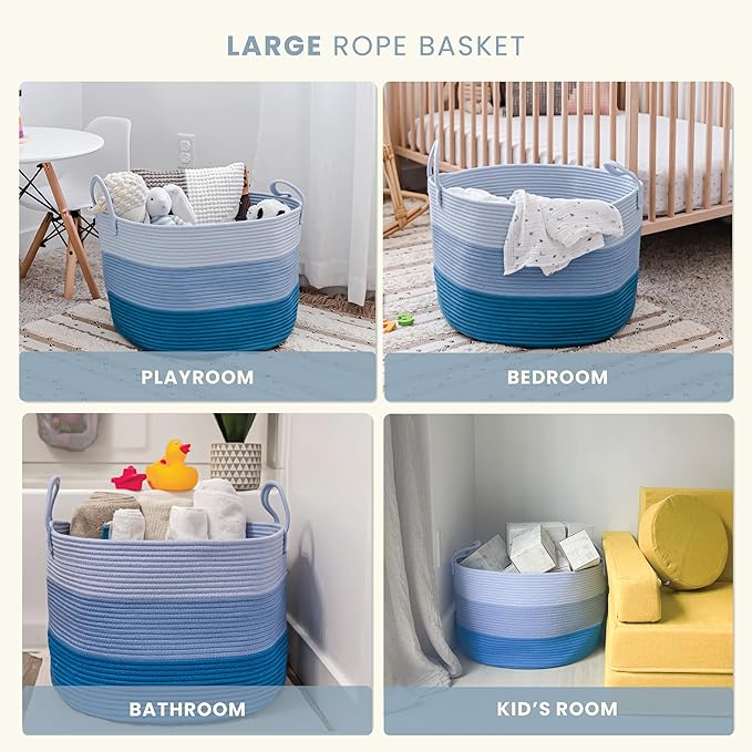 OrganiHaus Large Woven Storage Basket for Blankets and Toys 20" x 13" Inch, Rope Laundry Basket with Handles, Cushions & Pillows Storage Bin, Nursery Hamper, Soft Round Dog Toy Bin - Blue