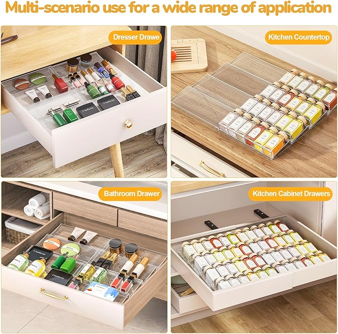 2-Tier Spice Drawer Organizer 4 Pack, Expandable from 11" to 22" Clear Acrylic Spice Rack for Drawer, Seasoning Organizer Holds Up to 48 Jars for Kitchen Spice Organization(Jars Not Included)