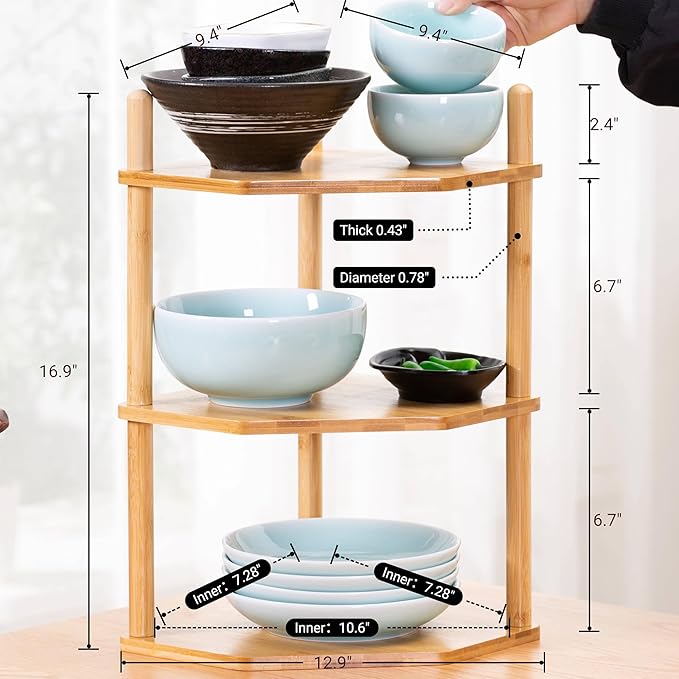 3 Tier Expandable Bamboo Corner Shelf - Dish/Plate Organizer for Cabinet, Kitchen Counter Shelf & Small Kitchen Shelf, Adjustable (1, 3Tier-6.7" H)