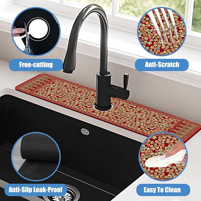 Sink Splash Guard Faucet Mat Red Retro Boho Flowers Absorbent Fast Drying Mat Sink Gadgets Splash Guard Behind Faucet Drip Catcher for Kitchen Bathroom 23.5"X5.5"