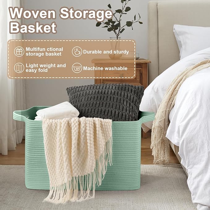 95L Extra Large Blanket Basket, 24" x 16.9" x 14.2" Woven Storage Basket for Living Room, Rectangle Nursery Blanket Storage for Toys, Towels, Dirty Clothes (Green)